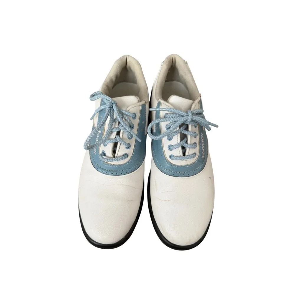 FootJoy Golf Shoes 6.5 US Women's Sports Outdoor White Blue Spiked Grip Lace Up